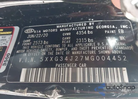 2021 Kia K5 Ex z USA, uszkodzony, nr VIN 5XXG34J27MG004452